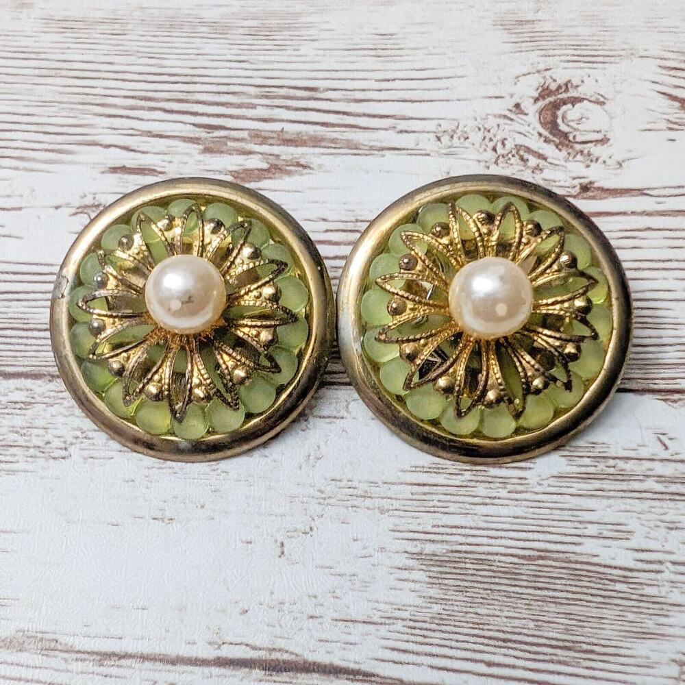 Vintage Clip On Earrings - Unusual & Ornate Green with Faux Pearl